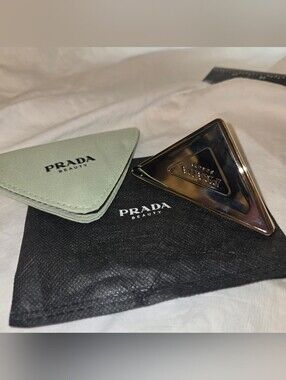 Prada Gold Triangular Double Compact Mirror with Mint Pouch and Black Sleeve